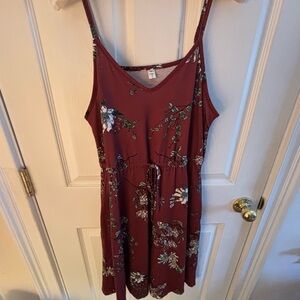 Floral V-Neck Burgundy Mini Dress with Drawstring Waist